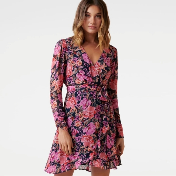 Forever New Dresses & Skirts - Forever New Magenta Aura Floral A-Line Midi Dress w/ Waist Tie & Long Sleeves